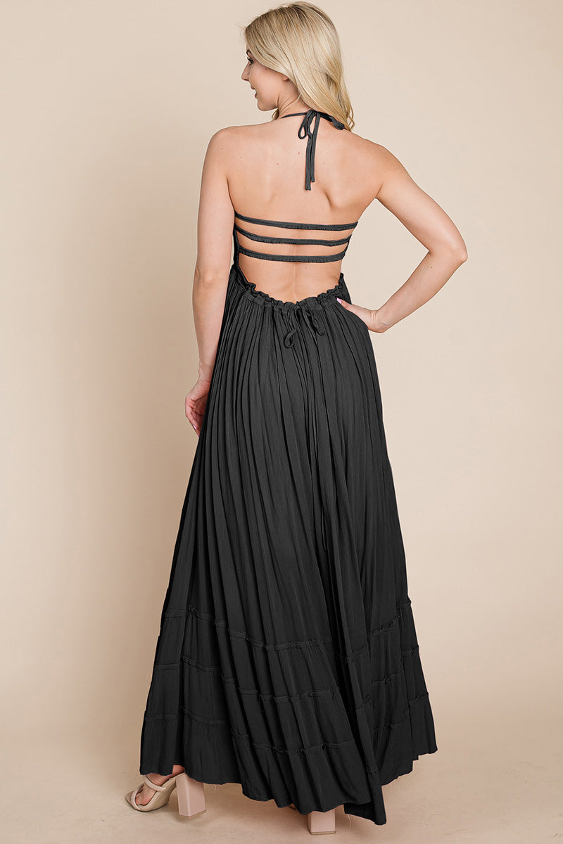 Smocked Flowy Boho Pleated Backless Maxi Dress