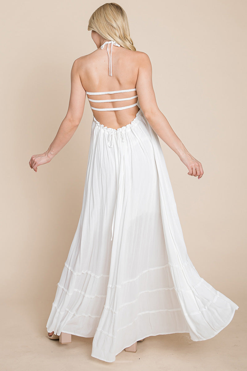 Smocked Flowy Boho Pleated Backless Maxi Dress