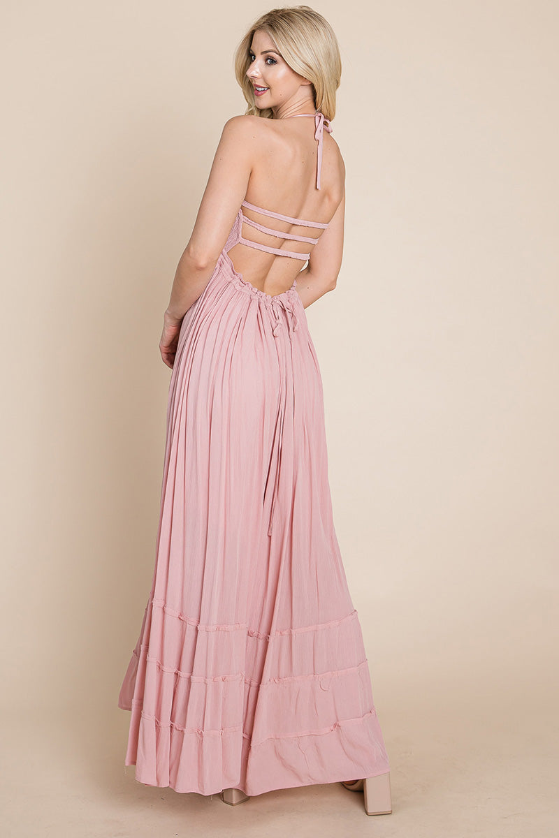 Smocked Flowy Boho Pleated Backless Maxi Dress