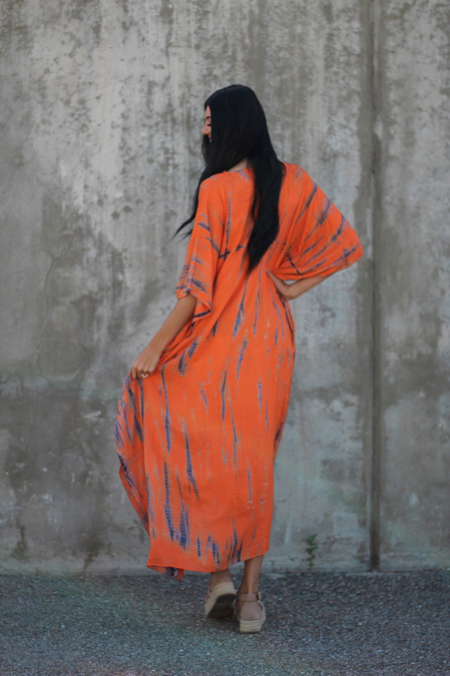 Hand-Dyed Tie-Dye Orange Maxi Kaftan Dress with Pockets – Loose Fit,